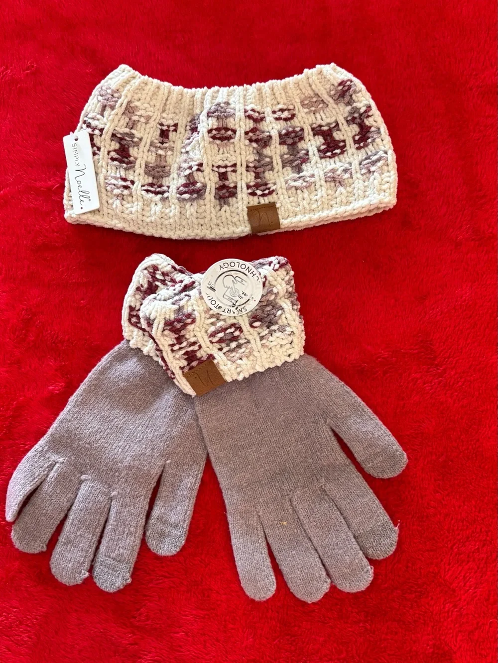Cozy Comfort Matching Knit Headband & Gloves Set - Cream & Mauve